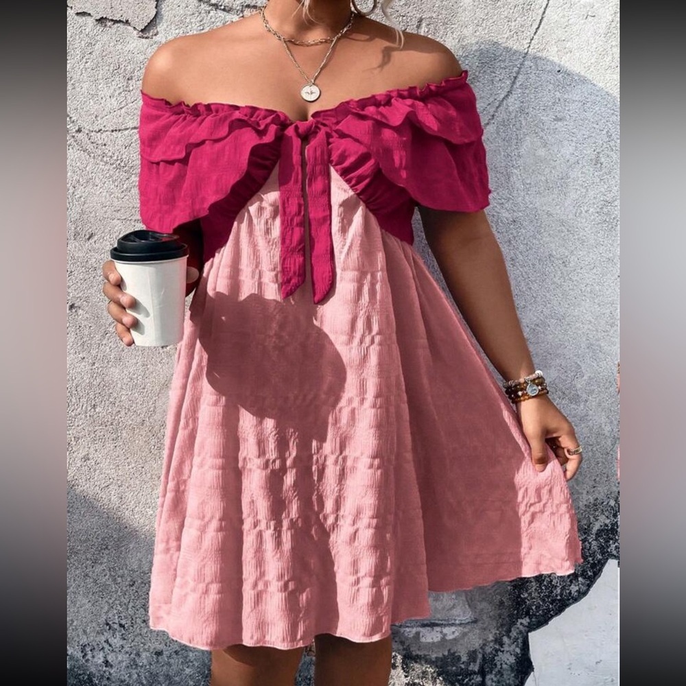 Pink Ruffled Off-Shoulder Dress
